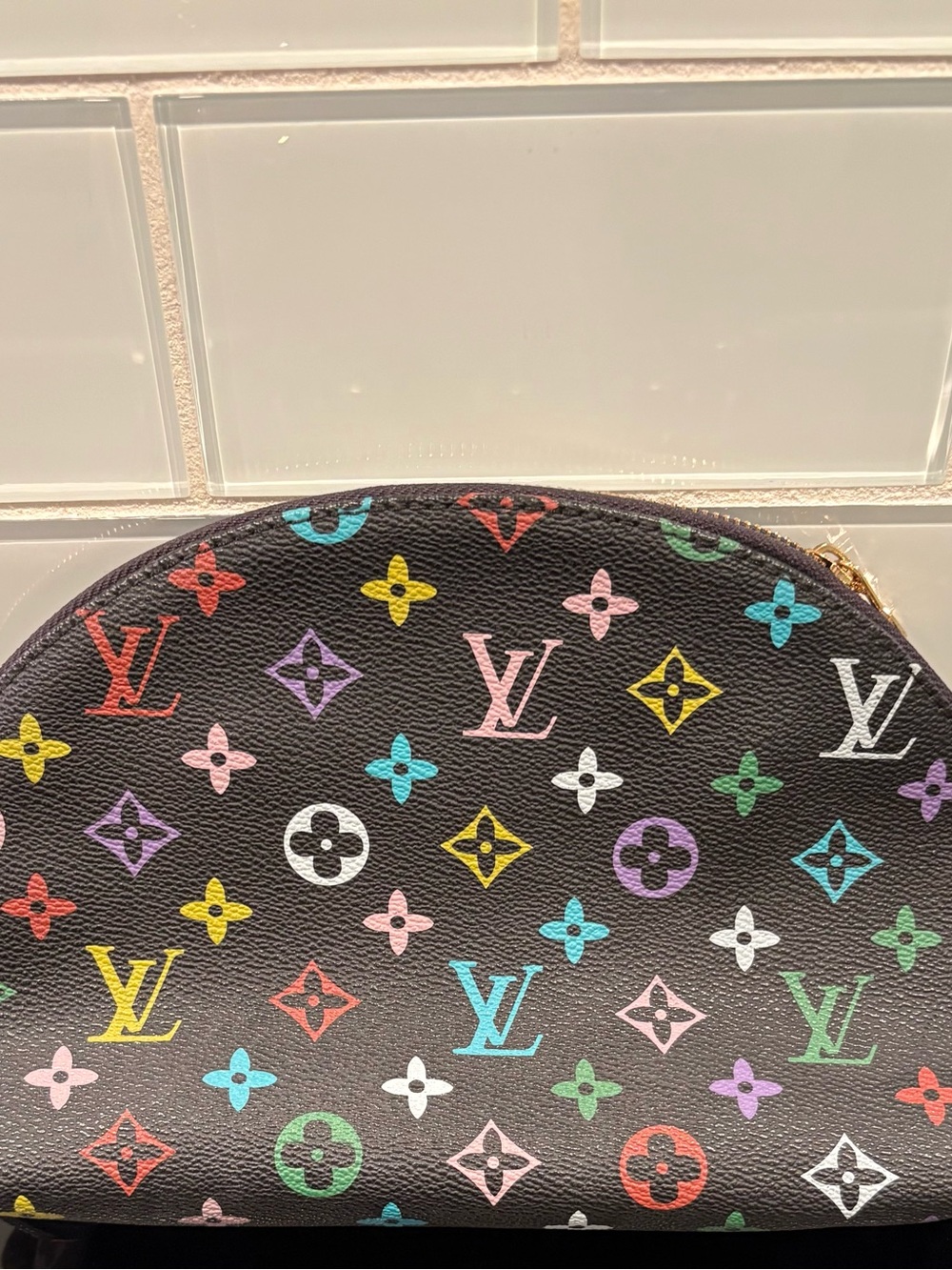 Source Unknown Black Cosmetic Pouch with Multicolor Monogram Print